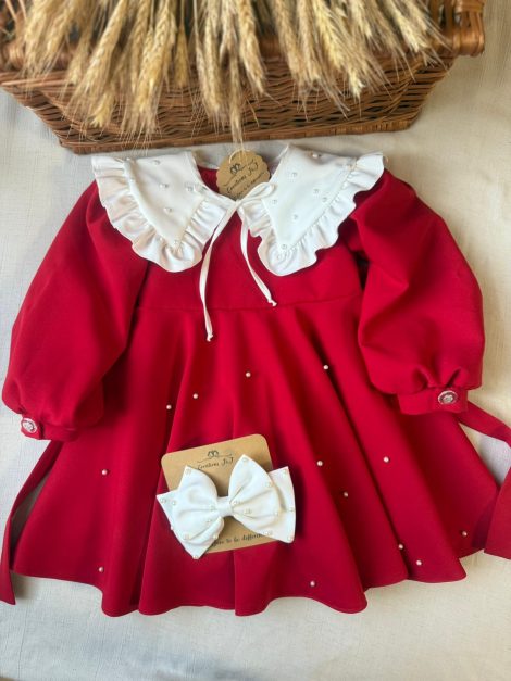 Rochița Samira roșie cu guler și accesoriu păr